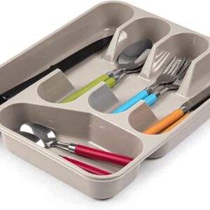 Large CUTLERY TRAY Flatware Organiser Strong Plastic Drawer Sliding Tidy Rack Holder Drawer Insert Tidy Storage, 33.5 x 26.5 x 4.5 cm - Solid Base, Taupe