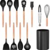 Silicon Cooking Kitchen Utensil Spatula Set Tool with Holder, 100% Eco-Friendly and Food Safe Material, Nonstick Heat Resistance Cookware with Wooden Handle (Pack of 12 - Black)