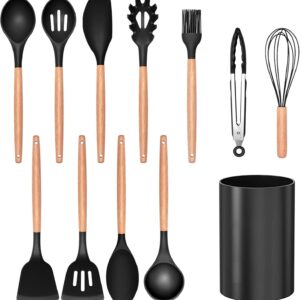 Silicon Cooking Kitchen Utensil Spatula Set Tool with Holder, 100% Eco-Friendly and Food Safe Material, Nonstick Heat Resistance Cookware with Wooden Handle (Pack of 12 - Black)