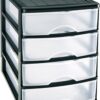Plastic Desktop Storage Unit with Drawers, Stationary Arts Drawer Desktop Tabletop Organiser Storage Tower Unit for Office Bedroom Garage ((35.5 x 27 x 35cm, Black with 4 Clear Drawers))