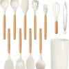 Wooden Bamboo Kitchen Utensil Spatula Set Tool Holder Cooking Salad Spoon Turner, 100% Eco-Friendly Natural Bamboo and Food Safe (Set of 12 - White)