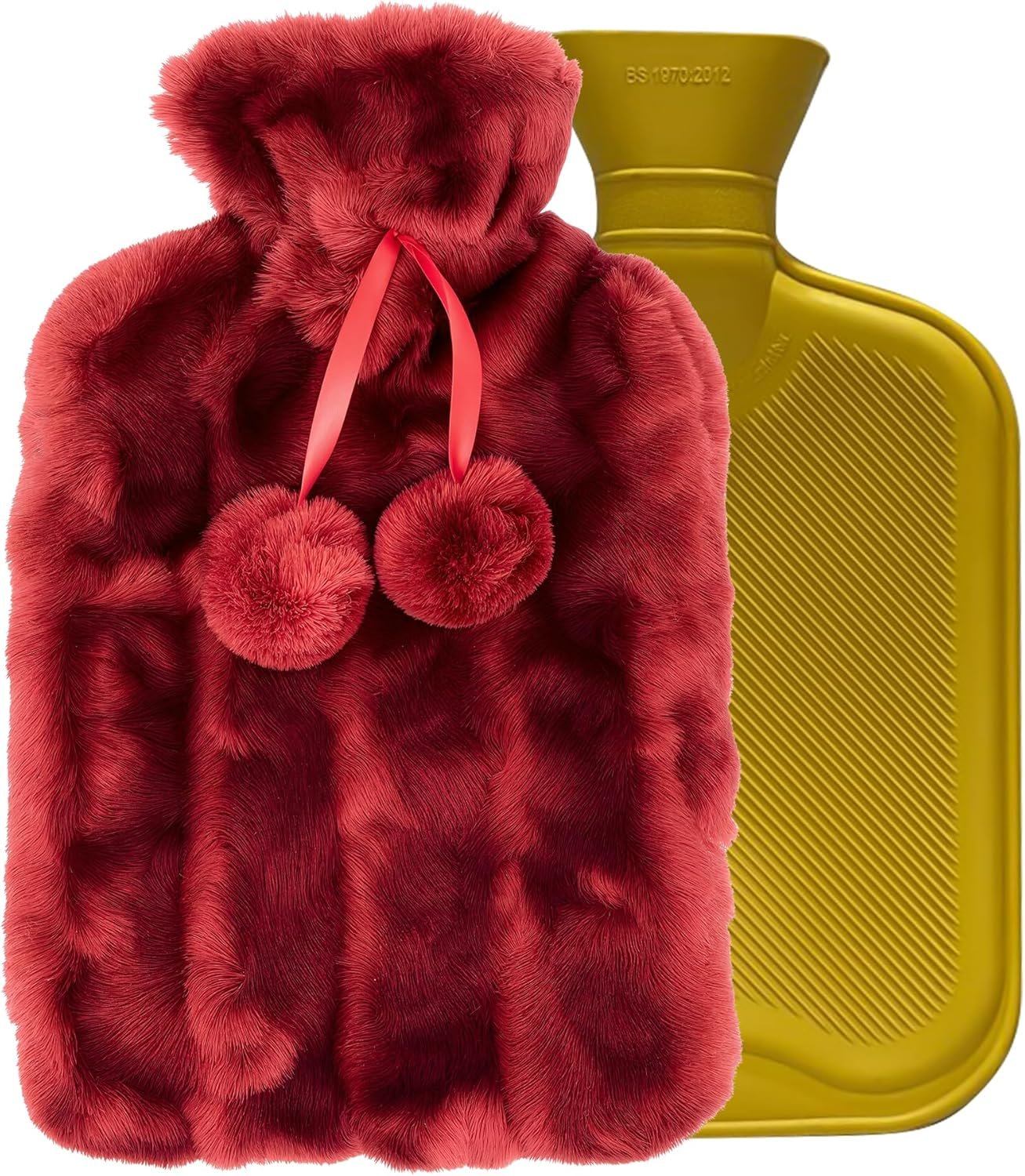 Luxury Cosy 2 Litre Hot Water Bottle with Rose Red Faux Fur Cover – Soft Plush Warm Water Bottle for Pain Relief, Winter Comfort & Relaxation
