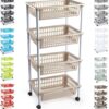 Plastic Storage Trolley Unit with Wheels Utility Kitchen Cart Vegetable Rack Fruit Basket Corner Shelf for Kitchen Bedroom Bathroom Living Room Office (4 - Tier - Taupe)